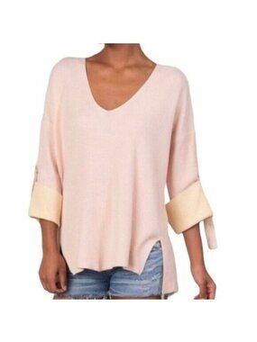 Margaret O'Leary Airbrush Vee Sweater S NEW Blush Pink Yellow Pastel Knit